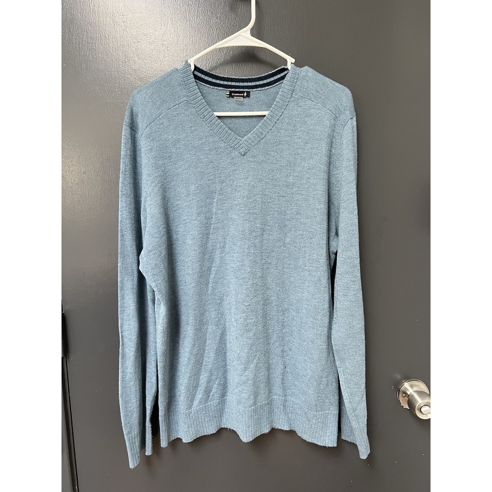 Smartwool Sparwood V-Neck Sweater Sz L Knit Wool Blend Blue SW016432